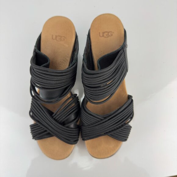 UGG Hilarie Wedge Sandals Black Leather Elastic Straps Espadrille US 8 EU 3 - Picture 11 of 12